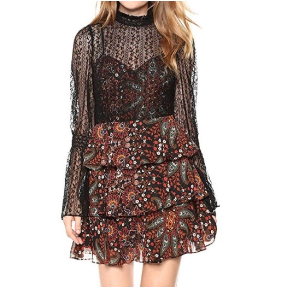 Whimsigoth Black Lace Paisley Tiered Mini Dress Bell Sleeve Sz 0 Dark Fairy Goth